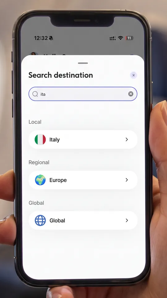ICY SIM app: searching for a destination (Italy) with local, regional and global options