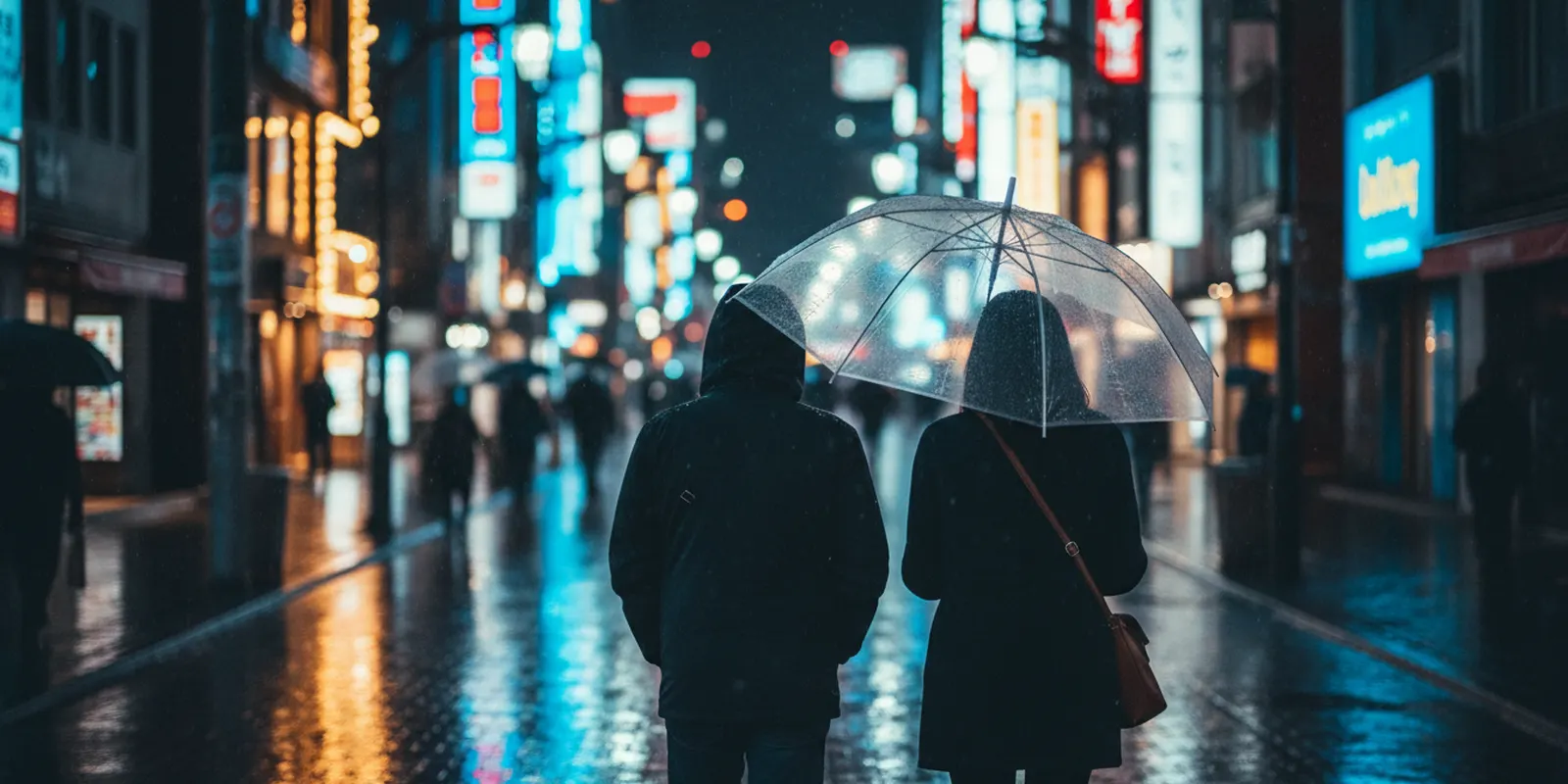Two travellers walking through a neon-lit city street at night in the rain