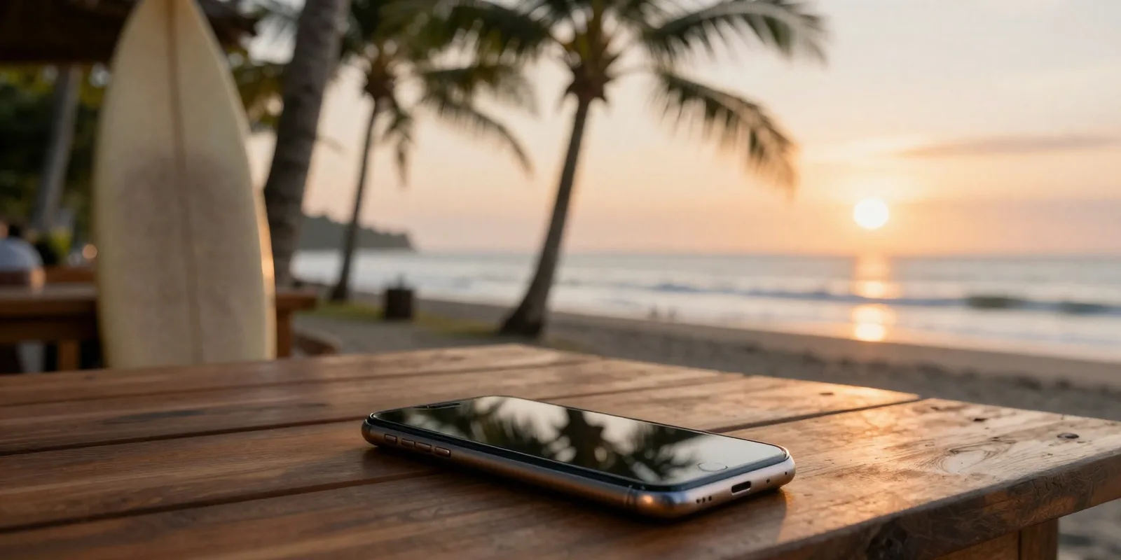 A phone on a wooden table at a Bali beach café, with a surfboard, palm trees and the sea at sunset behind