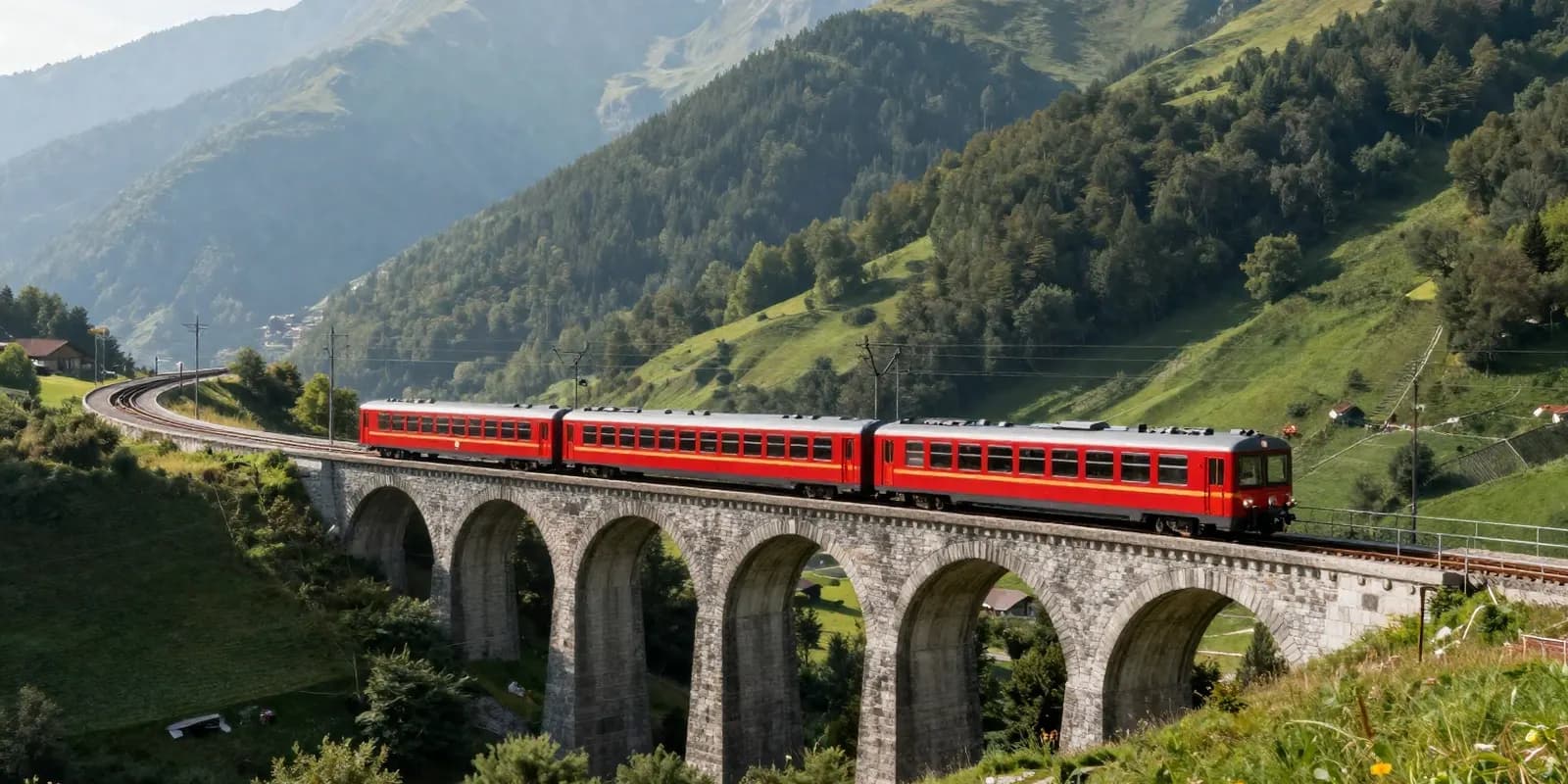 A red train crossing a curved stone viaduct between green alpine mountains