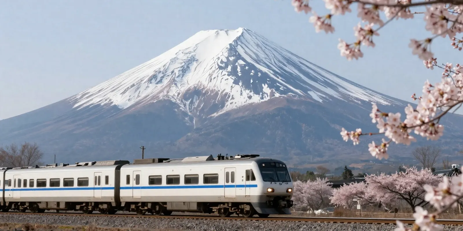 A white bullet train passing a snow-capped volcano with cherry blossoms in front
