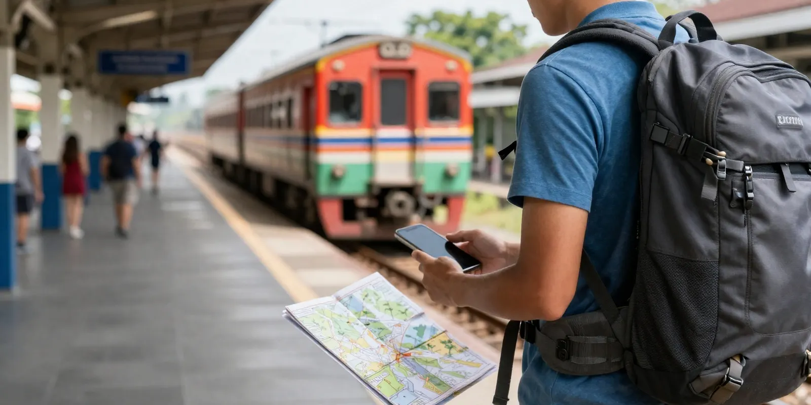 A backpacker holding a phone and a paper map on a sunny train platform as a colourful train arrives