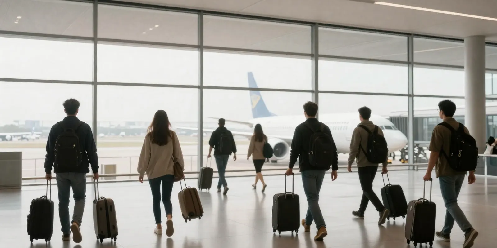 Travellers with suitcases walking through a bright airport arrivals hall