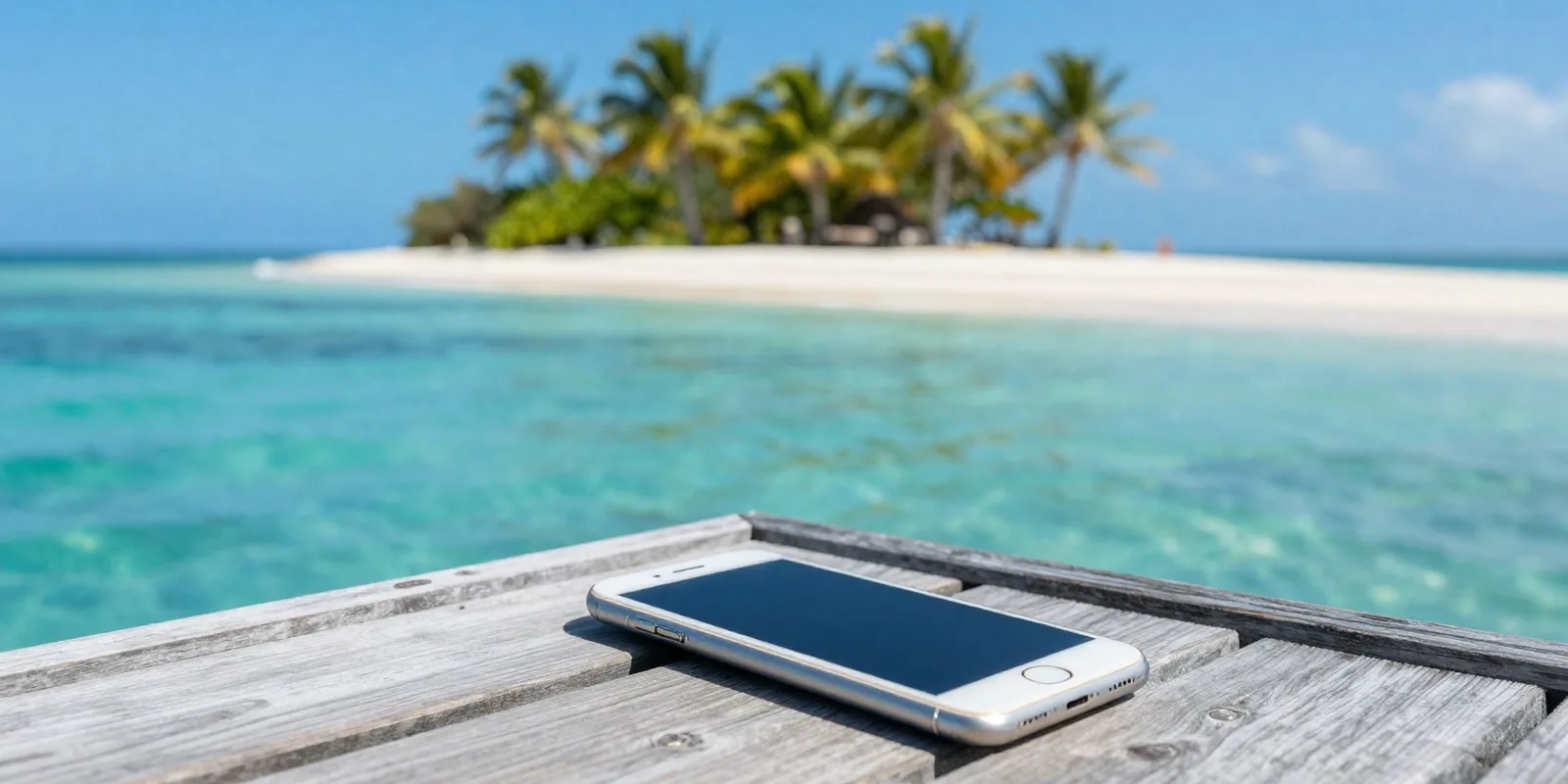 A phone on a wooden jetty over clear turquoise water, with a small palm-covered island behind