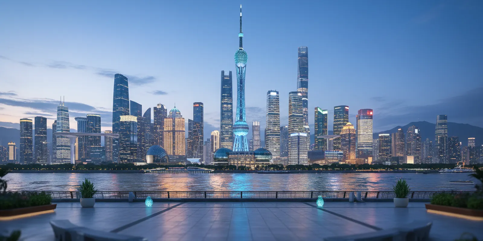 A modern East Asian city skyline across a river at blue hour