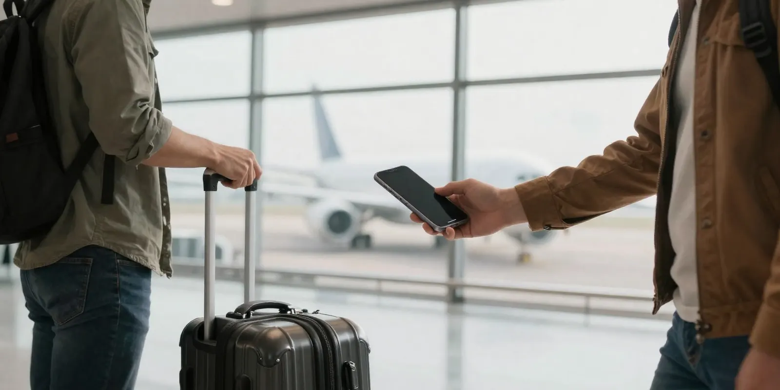 A traveller in an airport arrivals hall switching on a phone next to a suitcase