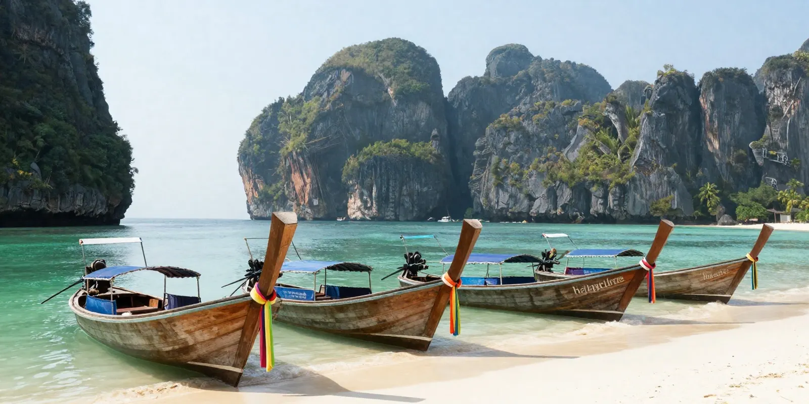 Longtail boats on a white beach below limestone islands in southern Thailand