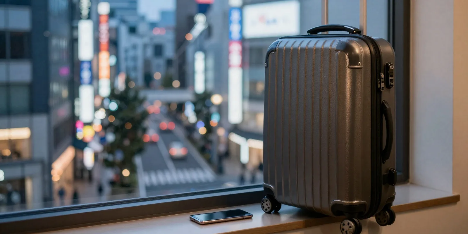 A suitcase and a phone on a hotel window ledge above a neon-lit Tokyo street at dusk