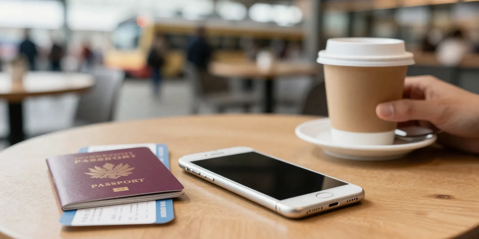 A smartphone on a café table next to a passport, a boarding pass and a coffee, with a train station blurred behind