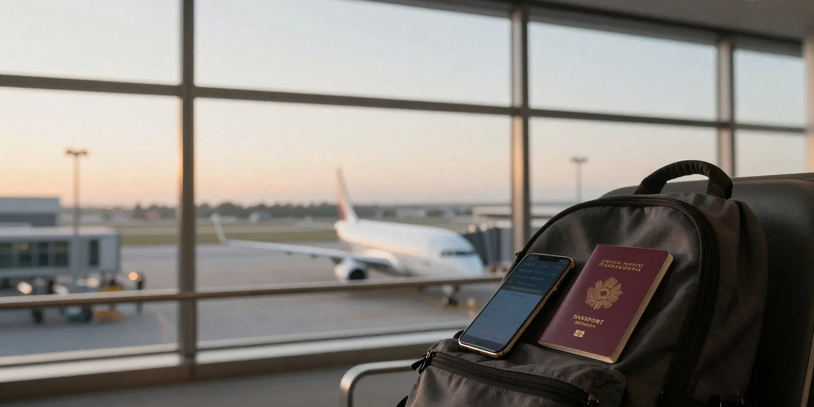 A backpack, passport and phone on a seat in an airport departure lounge at sunrise, with planes outside