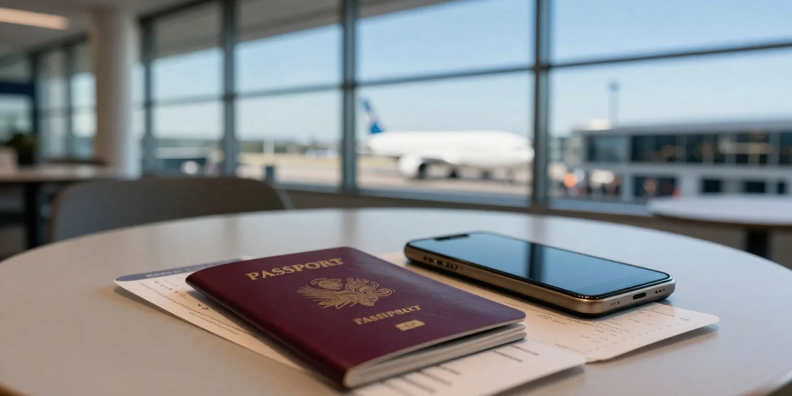 A passport, a phone and a boarding pass on a café table in an airport terminal, with a plane outside the window