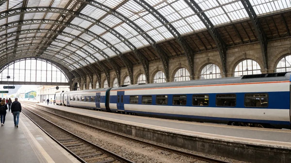 A historic European railway station hall with a train at the platform