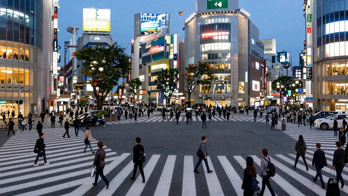 Crowds crossing a busy scramble crossing in a Japanese city at dusk