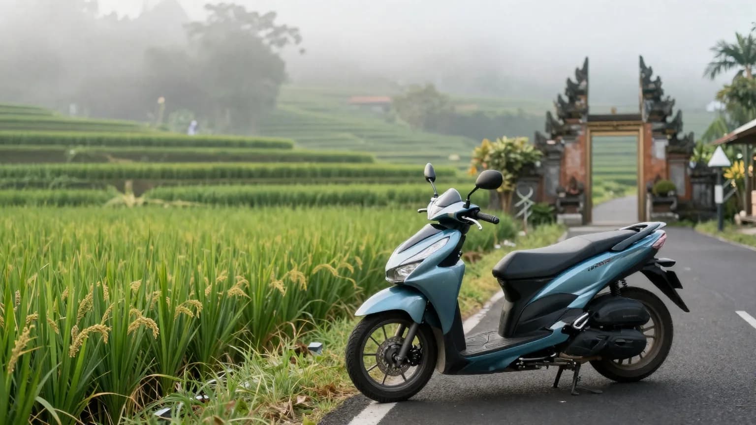 A scooter parked on a quiet road next to green Ubud rice terraces and a small temple gate in morning mist