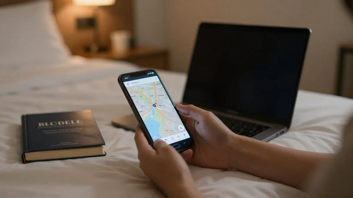 A phone downloading an offline map on a hotel bed next to a laptop and a guidebook