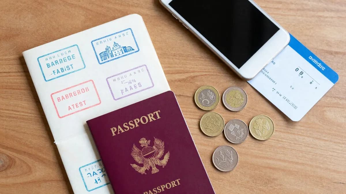 A passport with entry stamps, a smartphone, foreign coins and boarding passes on a wooden table