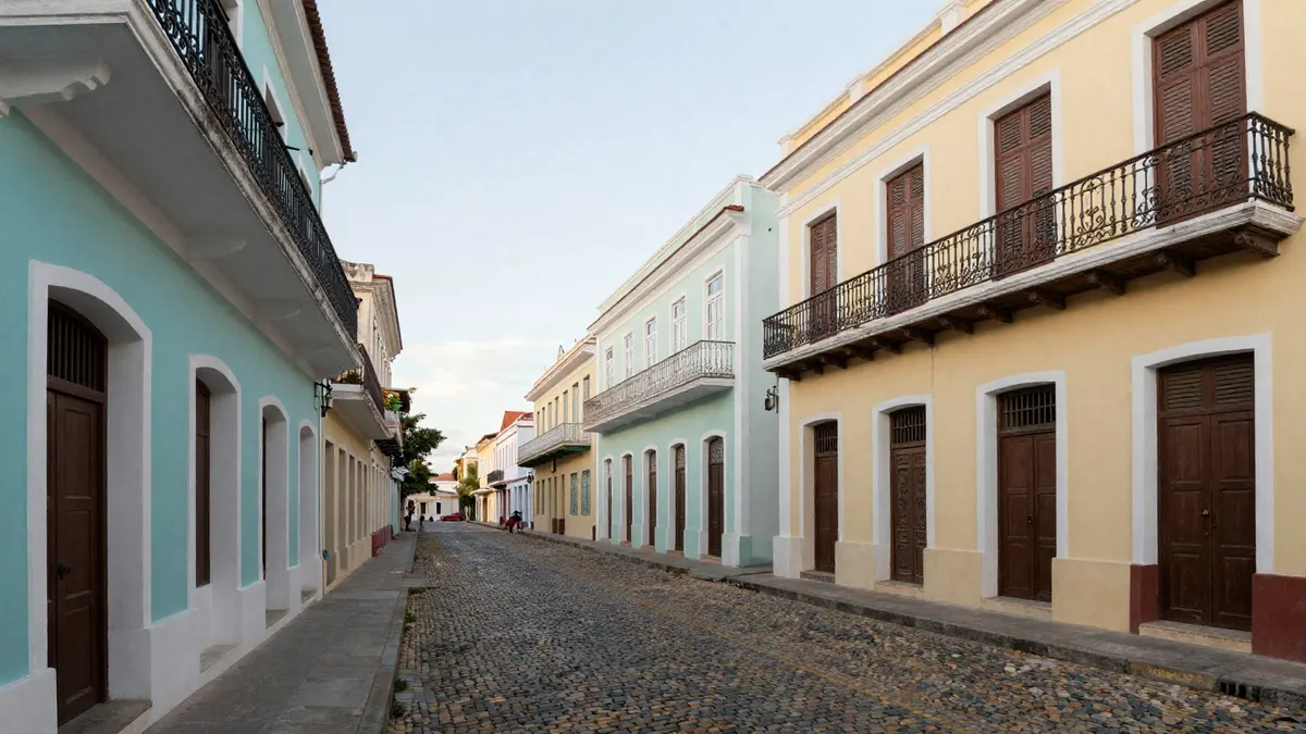 A colourful colonial street with pastel houses and balconies