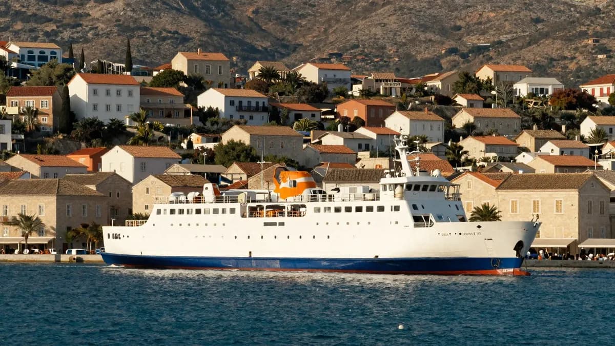 A ferry arriving at a small Mediterranean harbour town with white and ochre houses on a hillside