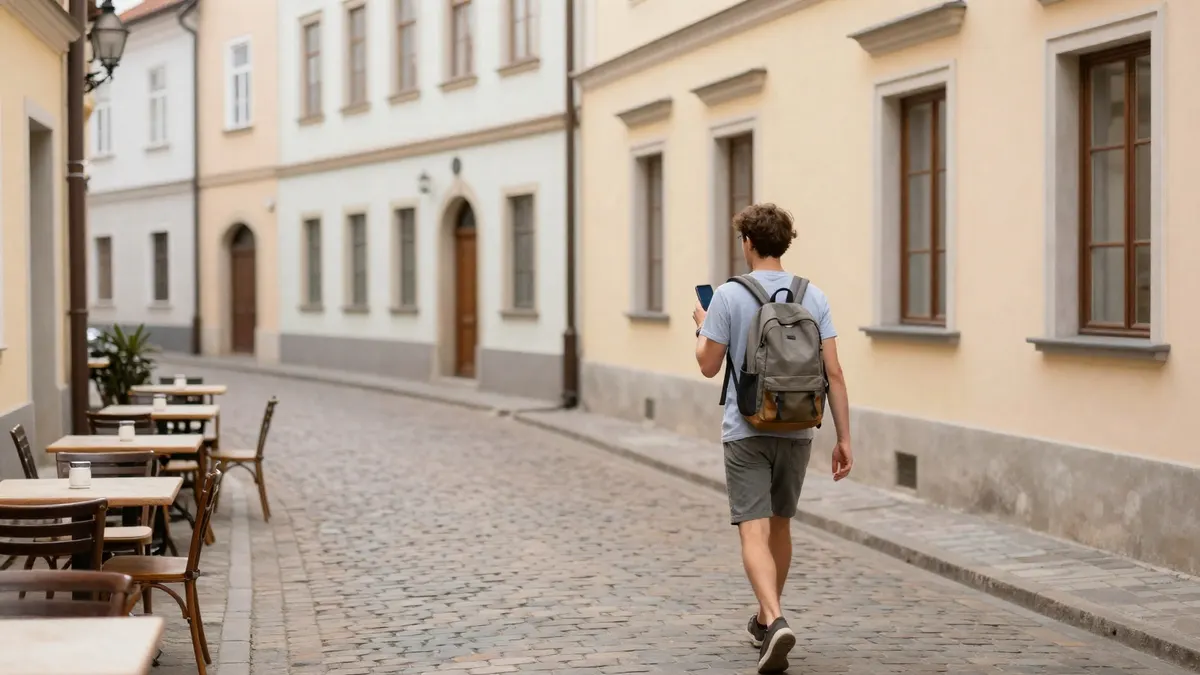 A traveller with a backpack walking down a cobbled old-town street lined with pastel houses