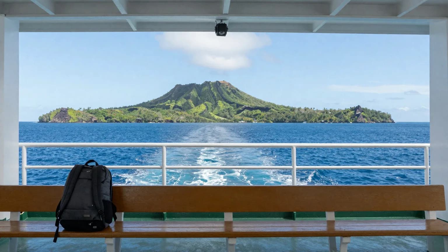A backpack on a bench on the open deck of an island ferry, with green volcanic islands and blue sea ahead