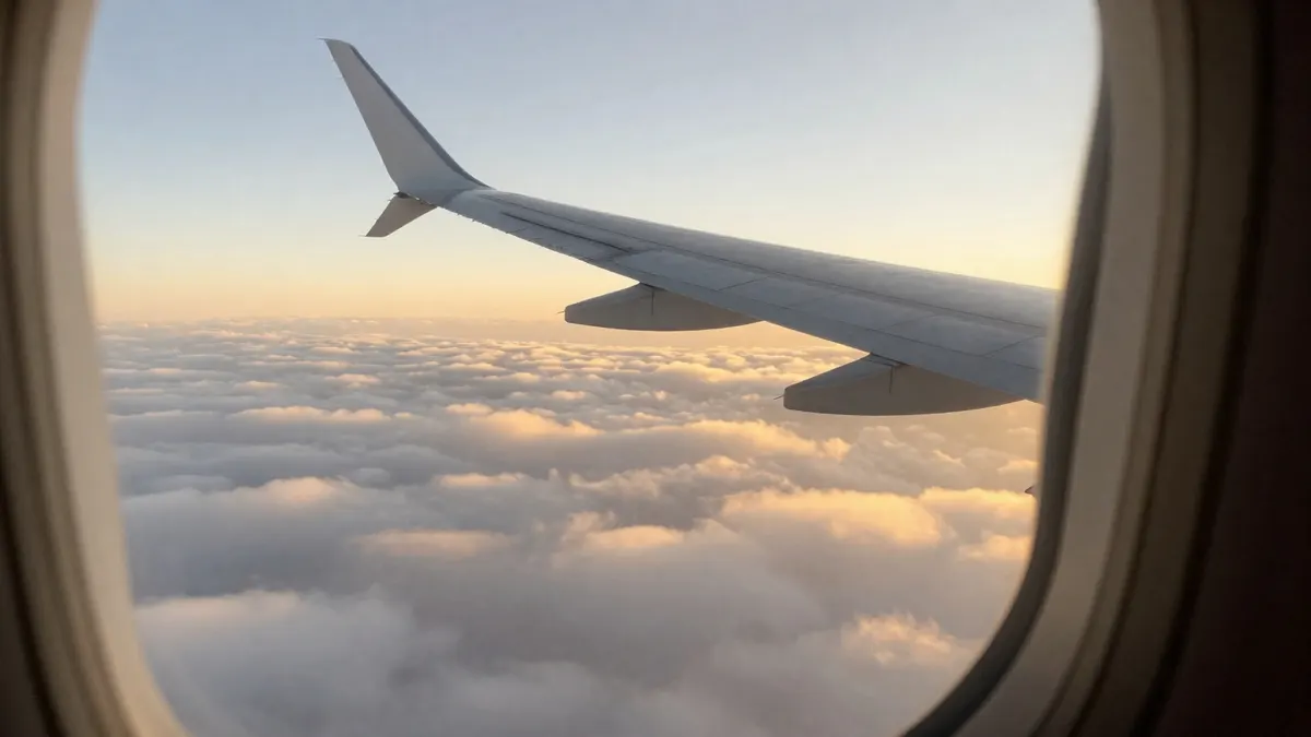 View of an airplane wing above the clouds at sunset