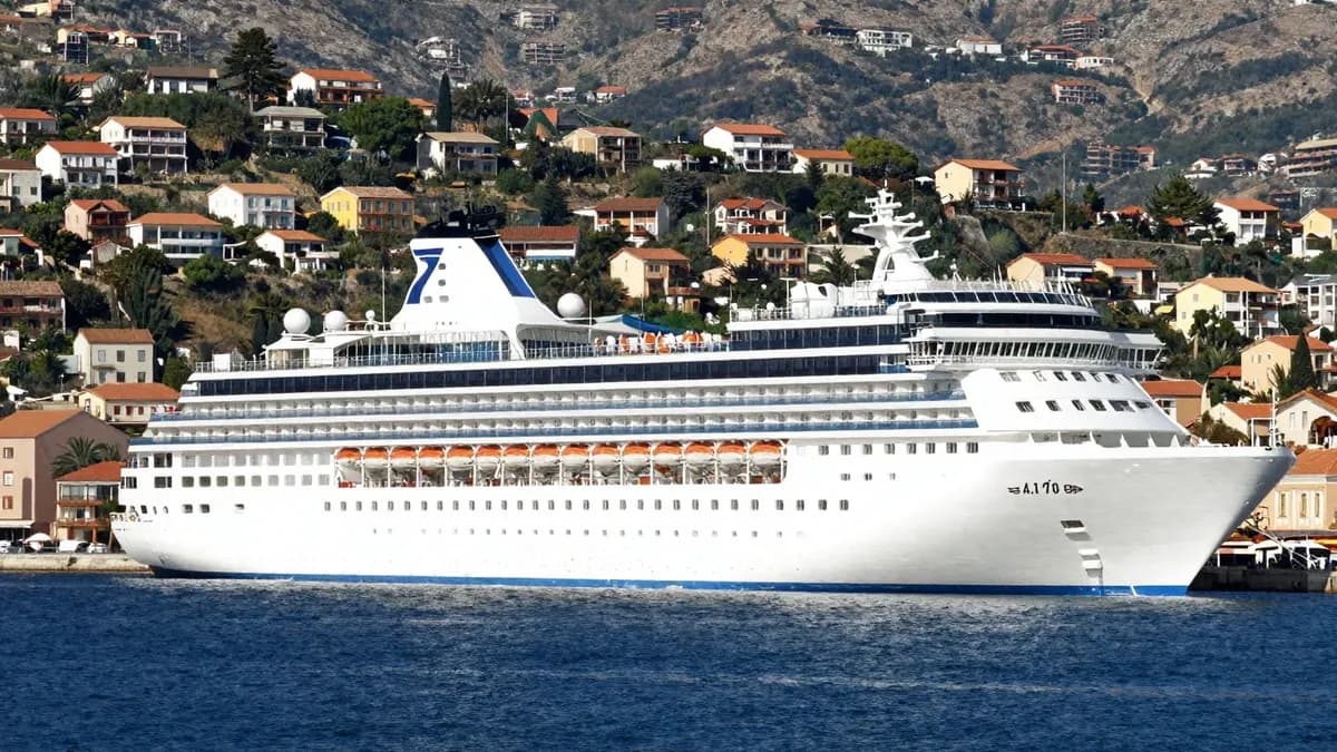 A white cruise ship docked in a sunny harbour
