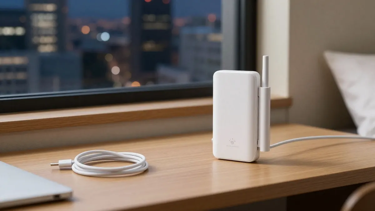 A small pocket WiFi router and charging cable on a hotel desk at night