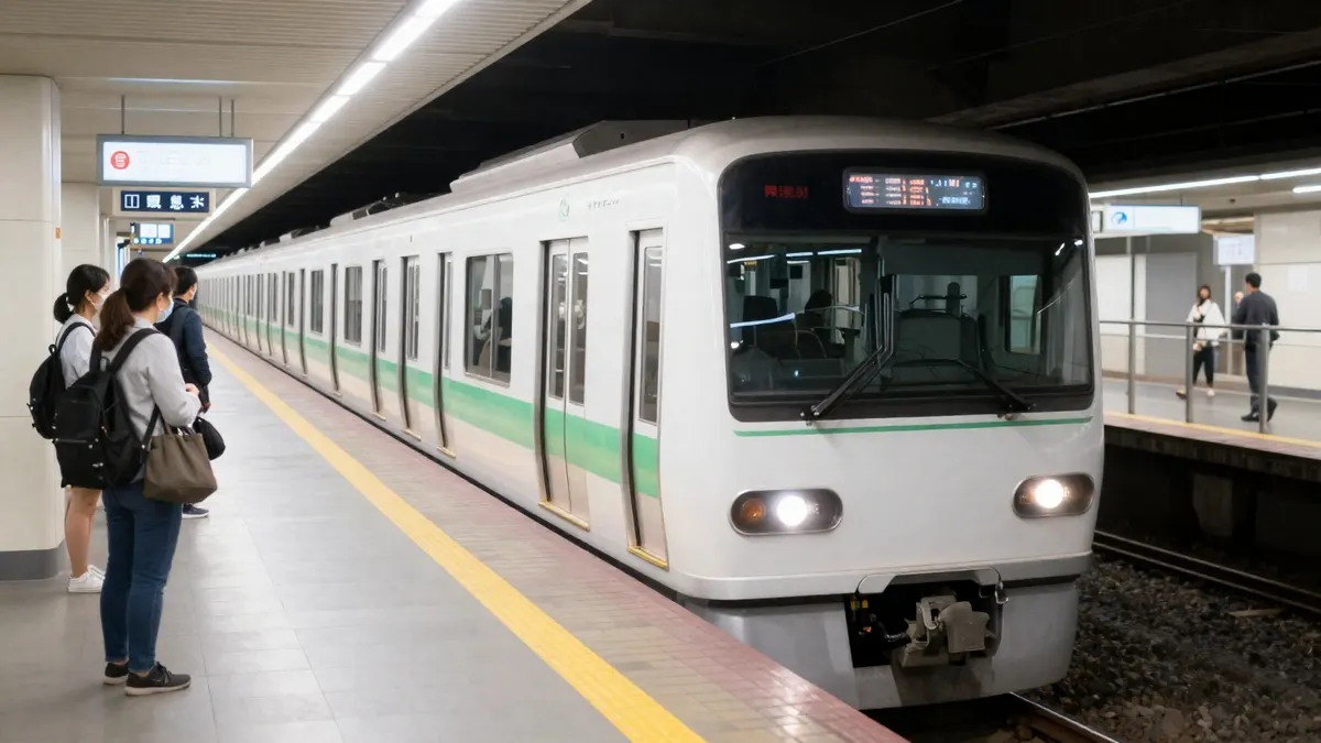 A Japanese subway train arriving at a clean underground platform
