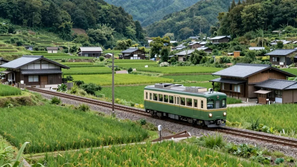 A small local train crossing green rice terraces in rural Japan