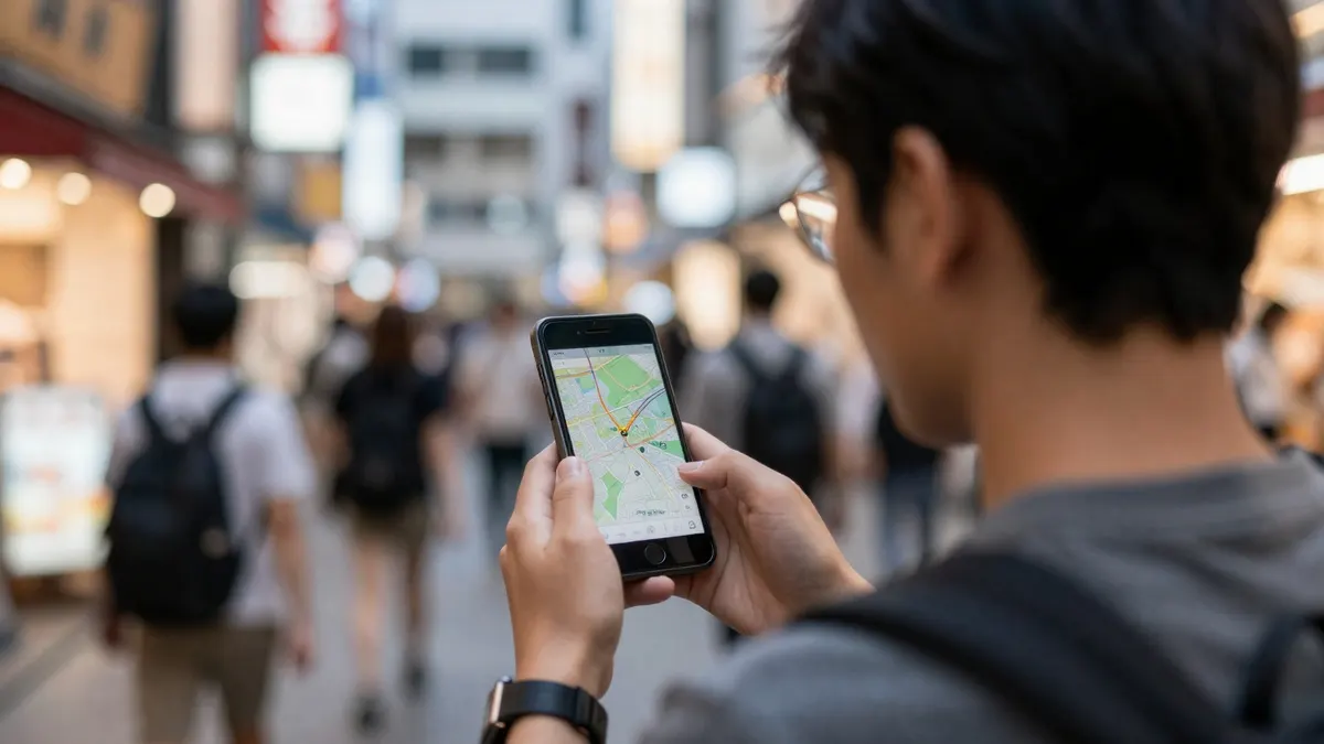 A traveller checking a map on a smartphone on a neon-lit Tokyo shopping street at night