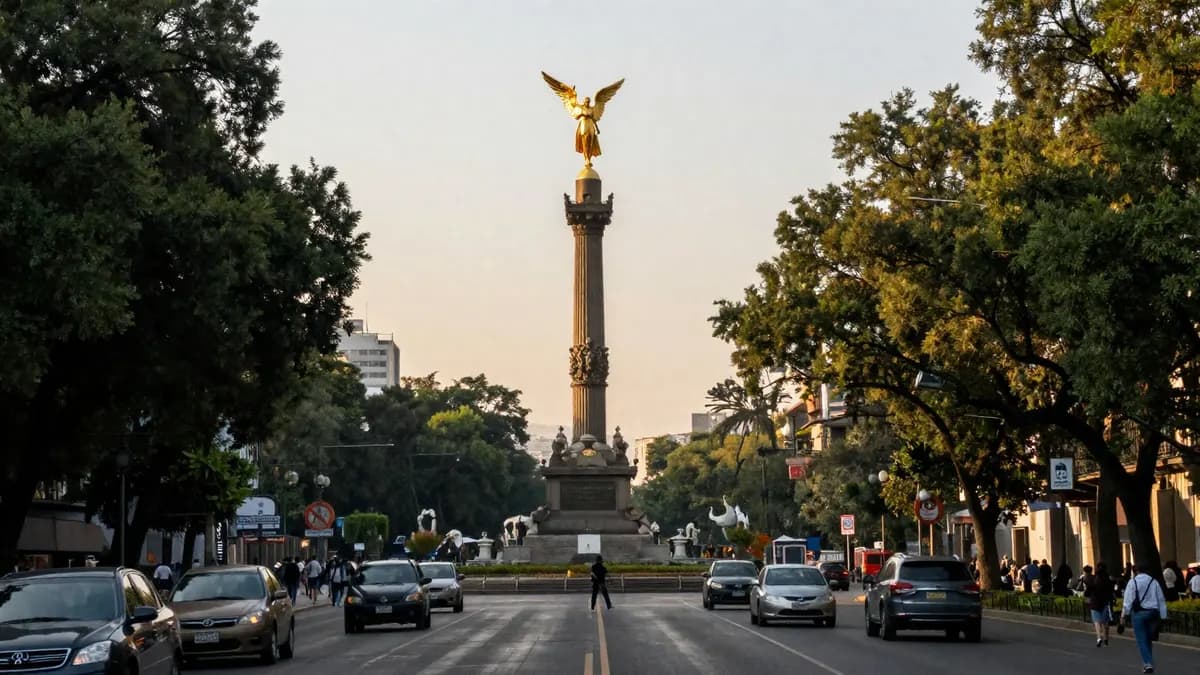 A tree-lined boulevard in Mexico City at golden hour with a golden monument