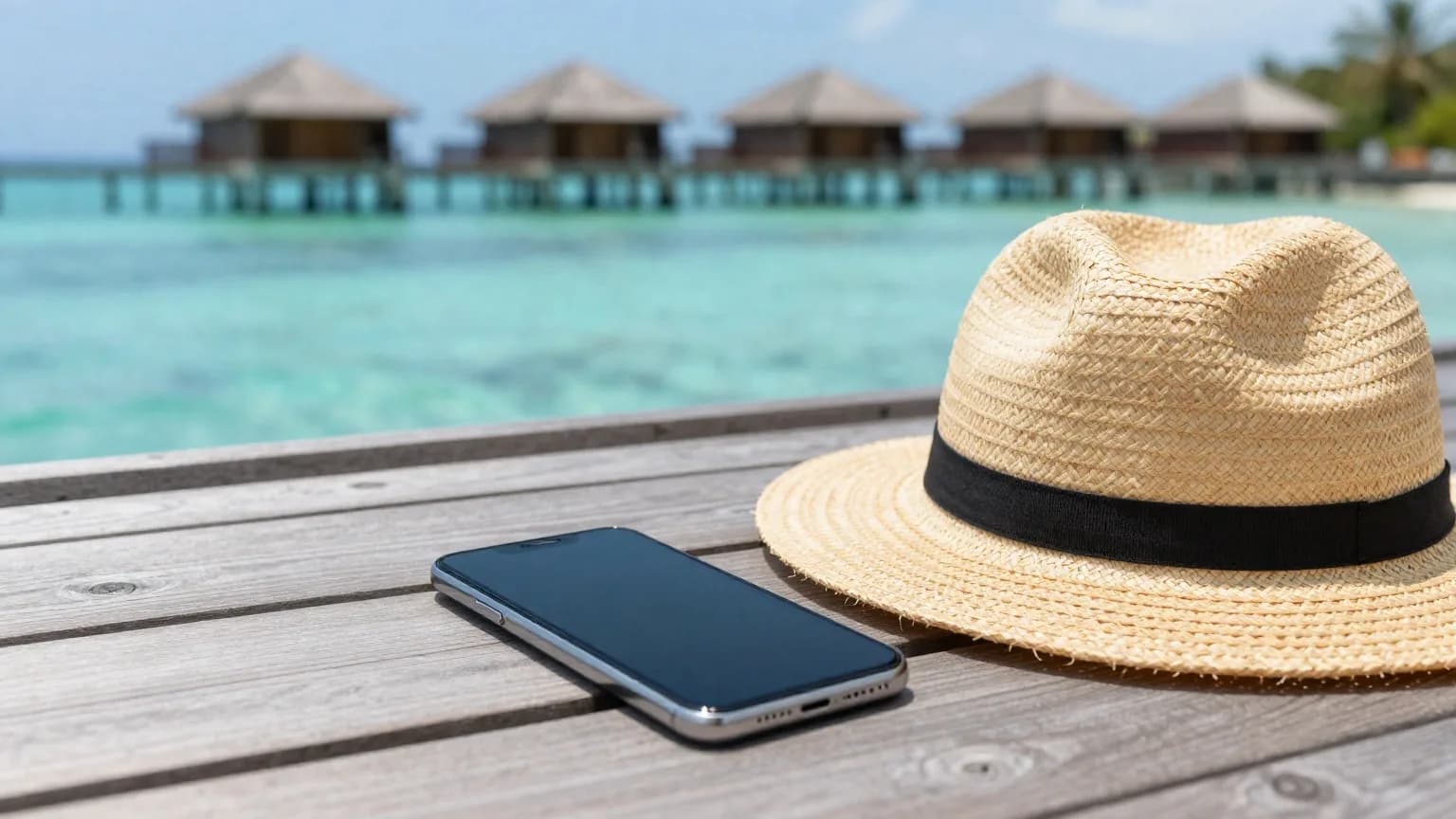 A phone and a straw hat on a wooden deck by a turquoise lagoon with overwater bungalows