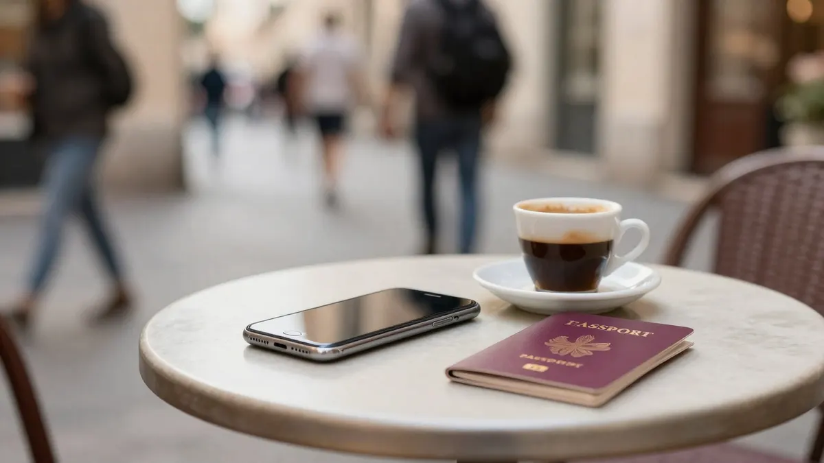 A smartphone and a passport on a café table on a sunny European street