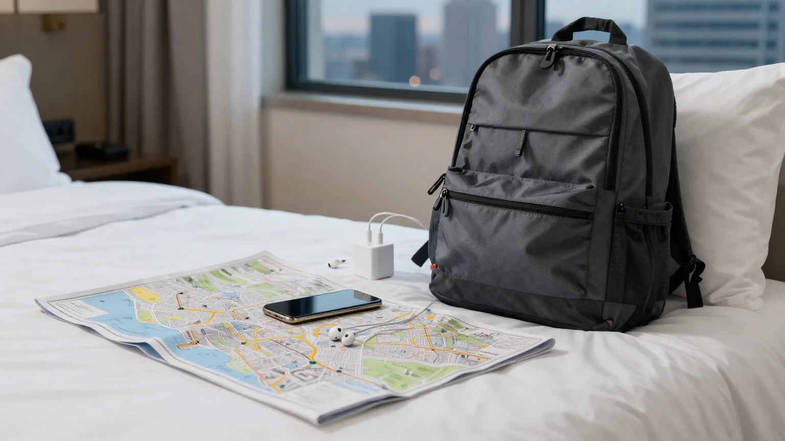 An open backpack on a hotel bed next to a phone, a charger, earphones and a folded city map