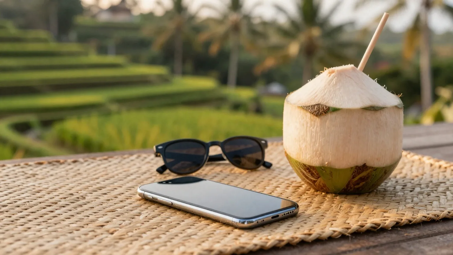 A phone on a woven beach mat next to sunglasses and a coconut, with Bali rice terraces behind