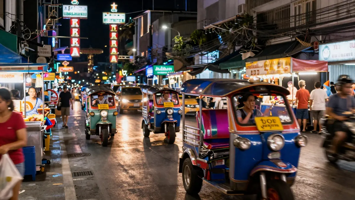 A busy Bangkok street at night with tuk-tuks and food stalls