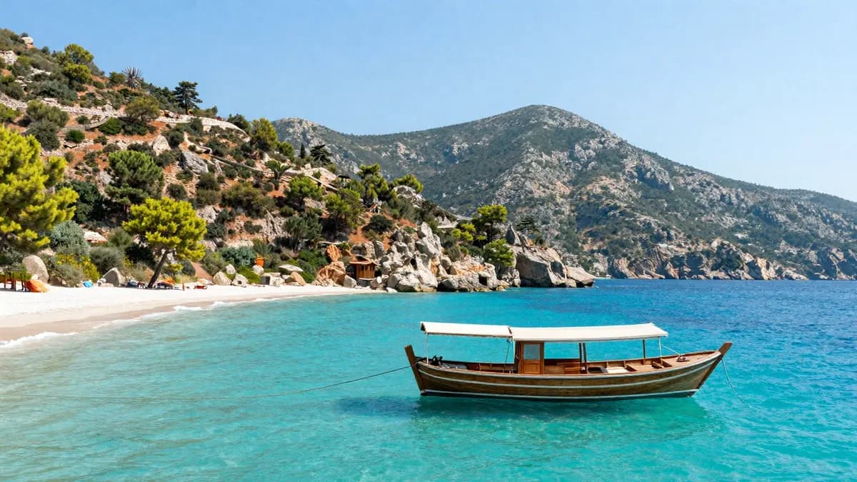 A turquoise bay on the Turkish coast with a wooden boat anchored