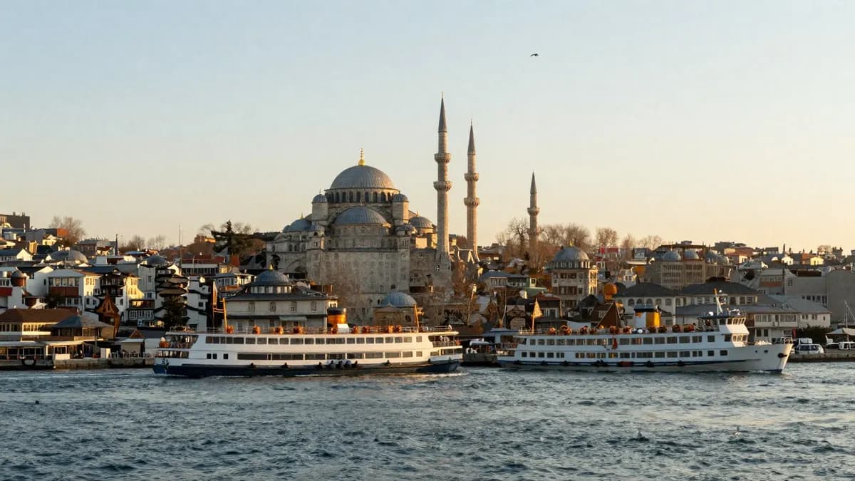 The Istanbul skyline with domes and minarets across the Bosphorus at golden hour