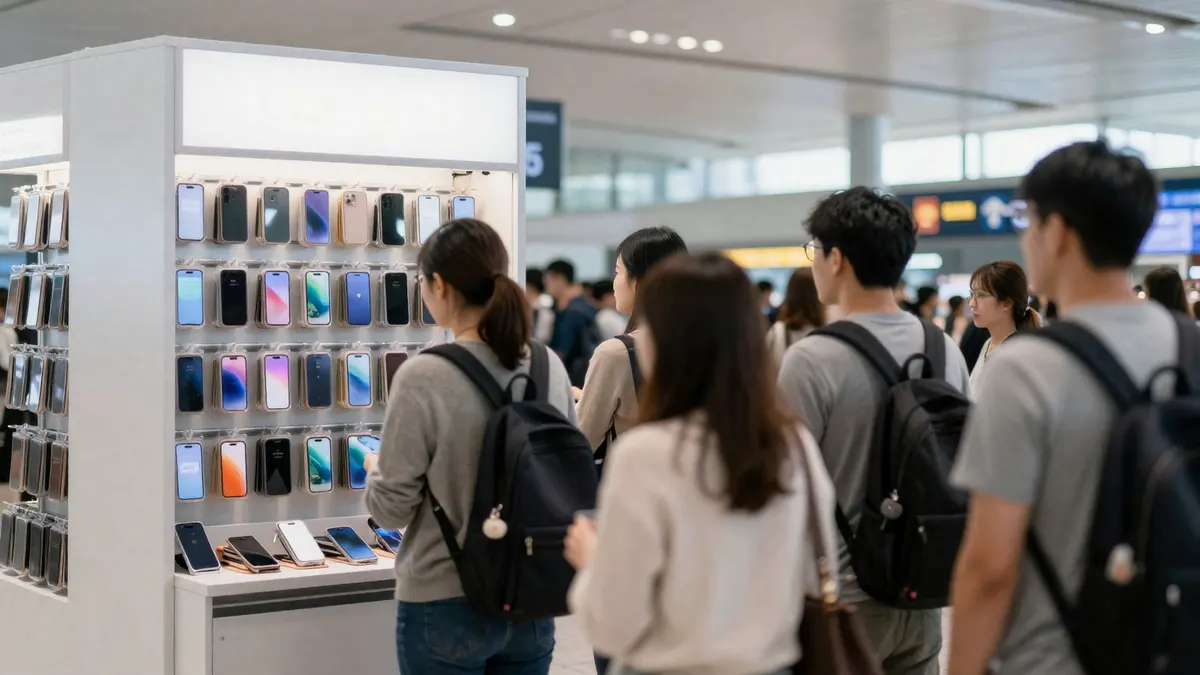 Travellers queueing at a phone kiosk in an airport terminal