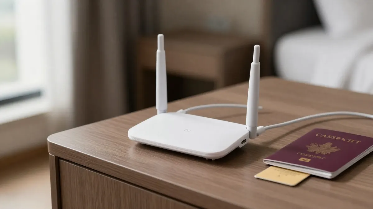A pocket Wi-Fi router on a hotel desk next to a passport