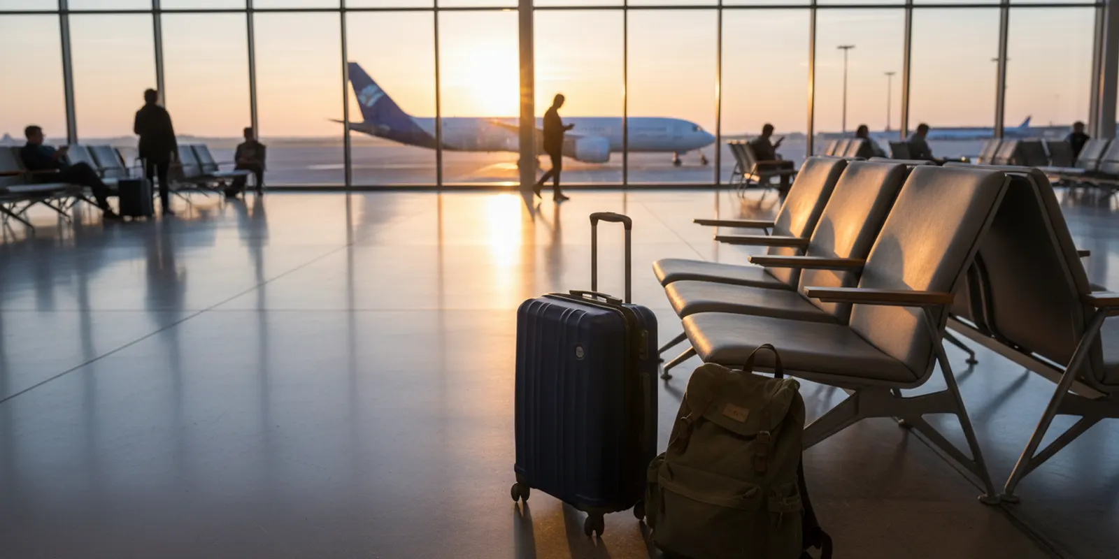 A bright airport departure lounge at sunrise with luggage by the window