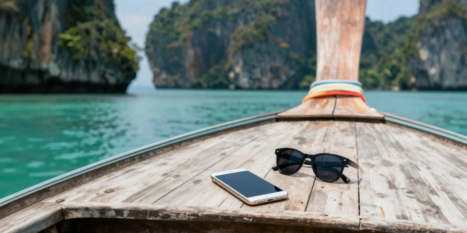 A phone and sunglasses on a wooden longtail boat, with turquoise water and limestone cliffs behind