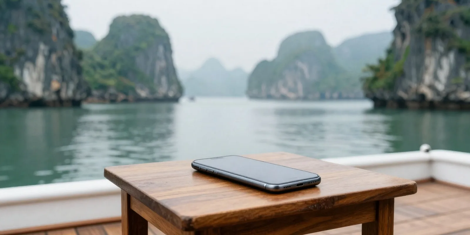 A phone on a small wooden table on a boat deck in Ha Long Bay, with misty limestone islands behind
