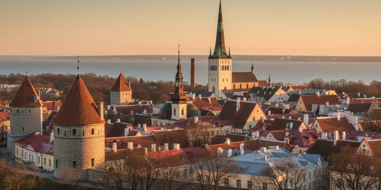 Red rooftops, stone towers and church spires of a Baltic old town at golden hour