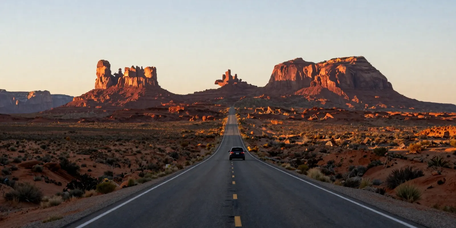 A desert highway through red rock buttes in the American Southwest at golden hour