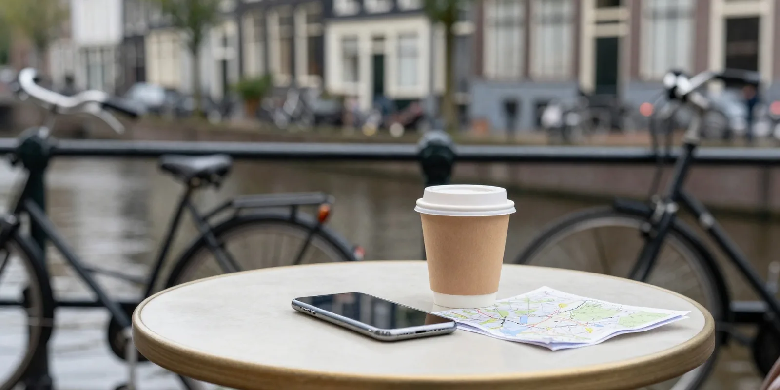 A phone, a coffee and a paper map on a café table beside an Amsterdam canal, with bicycles behind