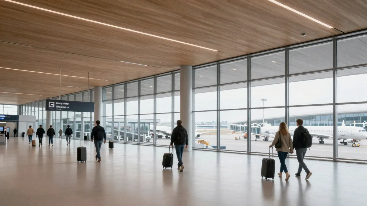 A small modern airport terminal with wooden ceilings and large windows