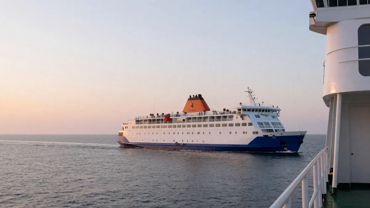 A passenger ferry crossing a calm northern sea at sunset