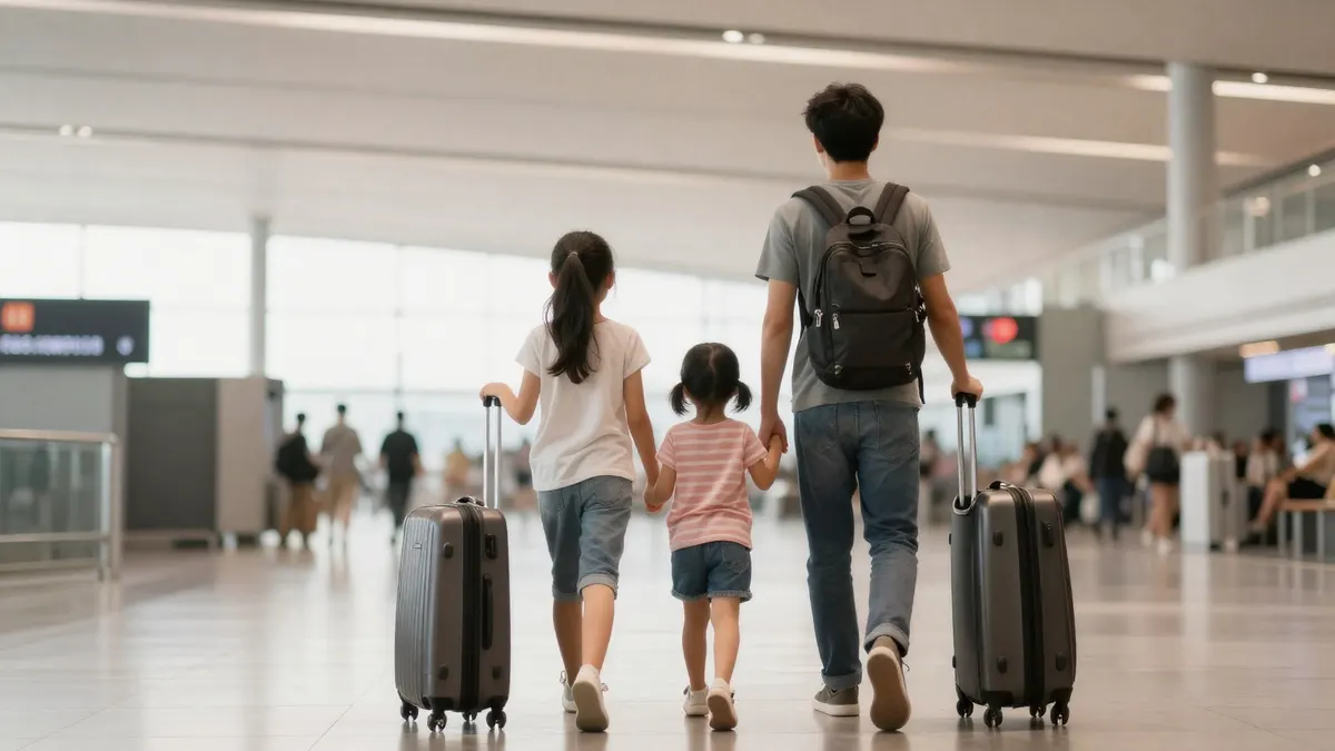 A family with suitcases walking through an airport terminal