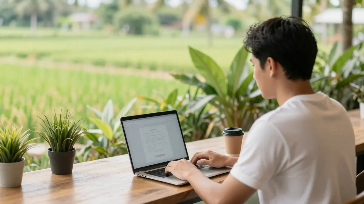 A person working on a laptop in a tropical café overlooking rice fields
